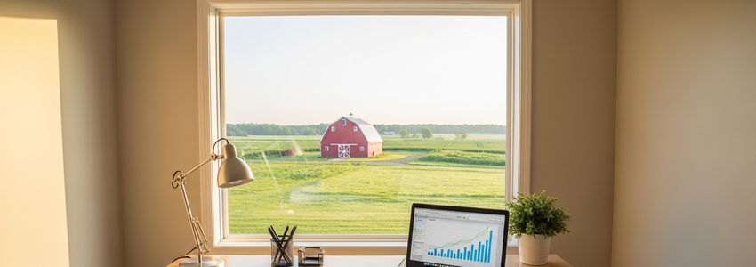 Hobby farm owner reviewing financing options at a rustic farm desk with a laptop and field notebook