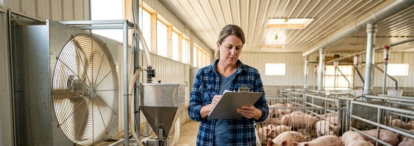 Hog farmer reviewing equipment financing paperwork inside a modern confinement barn