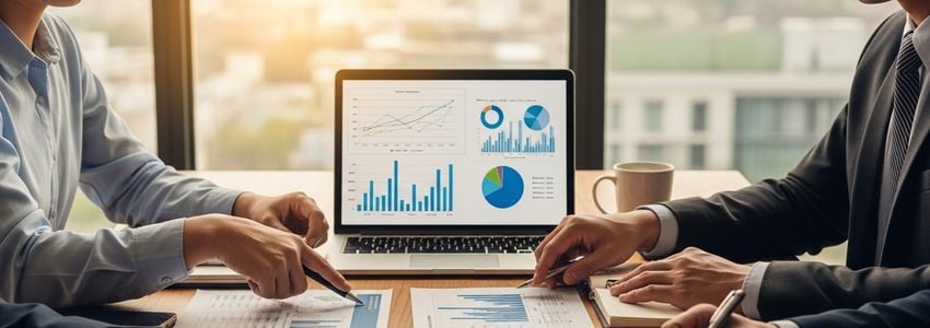 Hotel franchise investors reviewing financing documents in a modern conference room
