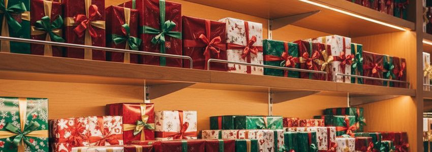 Holiday inventory and gift boxes representing holiday season business financing