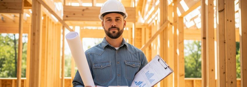 Home builder reviewing construction plans and financing documents on site