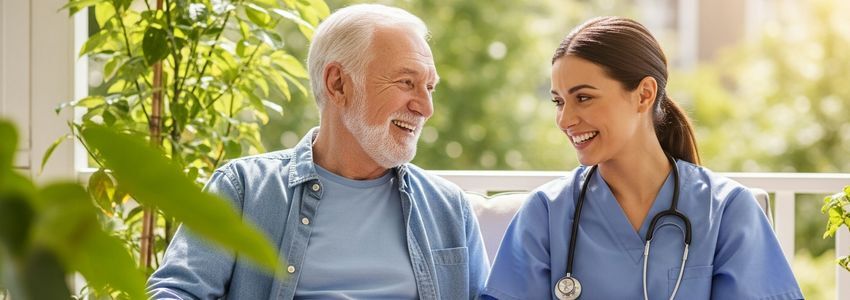 Home care agency owner reviewing financing documents with a business advisor at a modern office desk