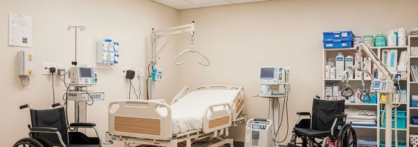 Home care medical equipment room with hospital bed, wheelchair, and oxygen concentrator