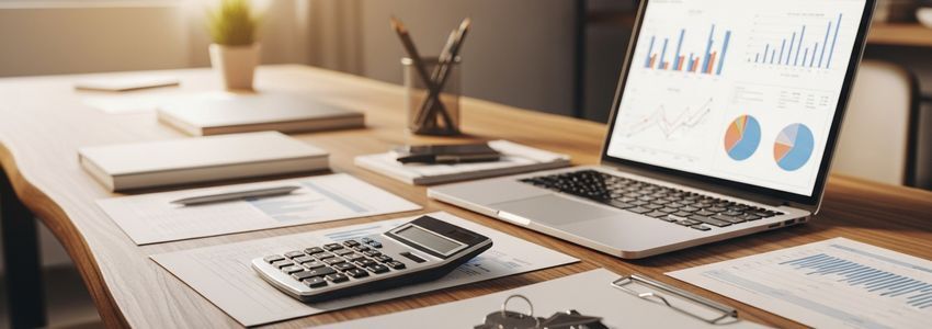 Home office desk with financial documents, calculator, house keys and laptop showing charts - home equity business loan planning