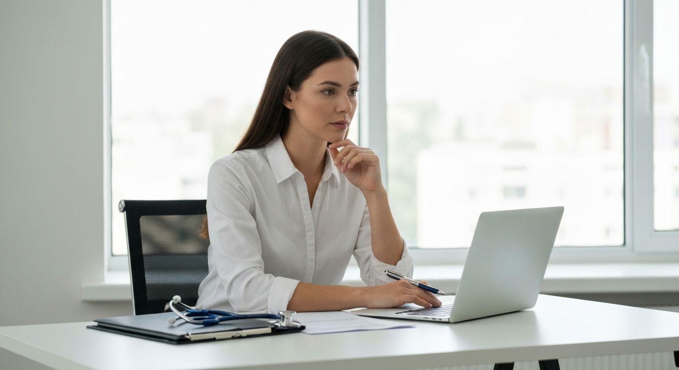 Home health care business owner reviewing financing options at office desk