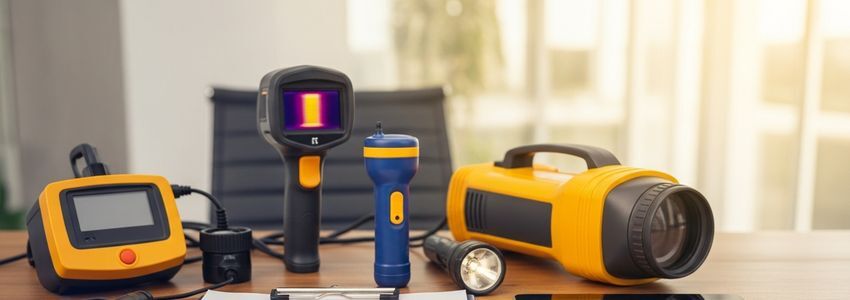 Home inspection equipment including thermal camera, moisture meter, and inspection tools laid out on a table