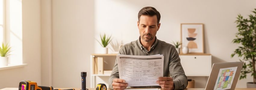 Home inspector reviewing inspection paperwork at office desk