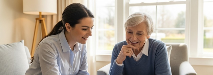 Home Instead caregiver assisting senior client in a bright, comfortable home setting with warm natural lighting