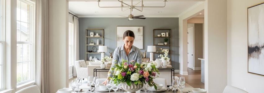 Professional home stager arranging decor on a dining table for a real estate listing
