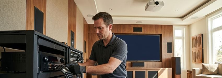 Home theater installation technician setting up audio and video equipment in a modern living room