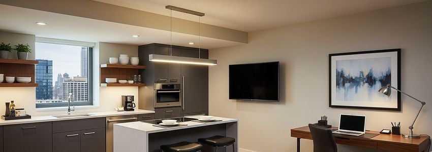 Homewood Suites by Hilton suite interior with kitchen and living area