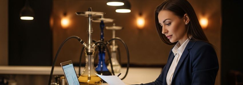 Hookah lounge owner reviewing business financing documents at a modern bar setup