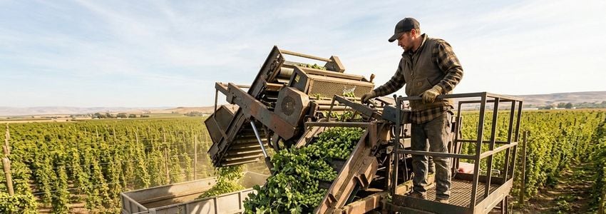 Hop farm trellis rows with mechanical harvesting equipment during autumn harvest