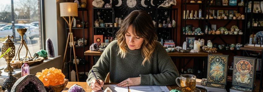 Business owner reviewing loan documents in a metaphysical crystal shop with crystals and tarot decks visible