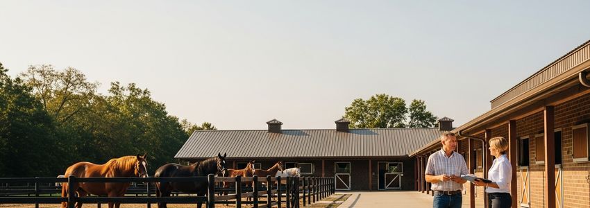 Equestrian business owner and farm manager discussing horse business loan options at their stable facility