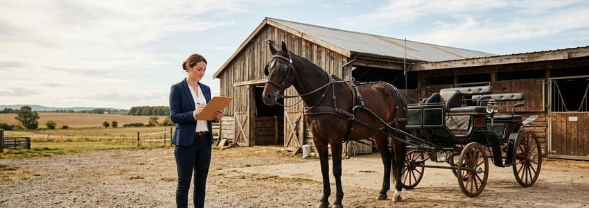 Horse-drawn carriage business owner reviewing financing paperwork near a carriage and horse team