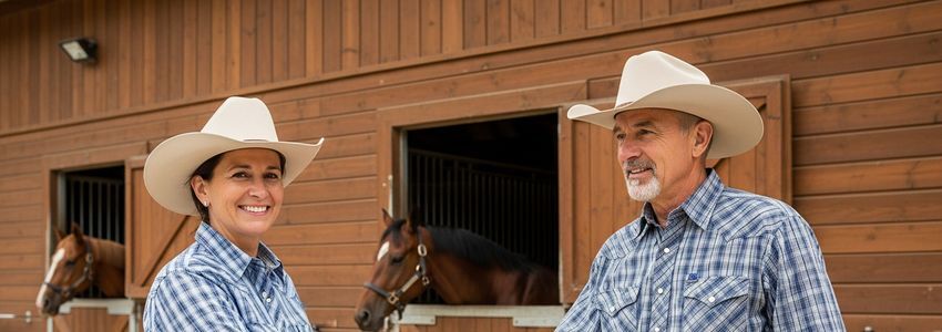 Two horse ranch business owners shaking hands in front of a commercial horse stable, discussing financing options