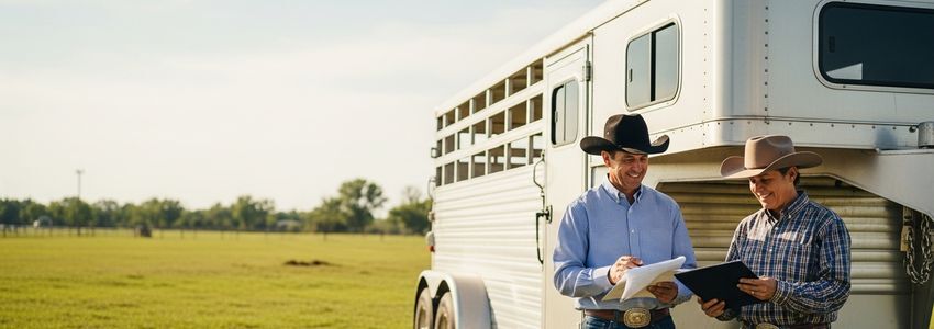 Horse owner reviewing horse trailer financing documents at an equestrian facility