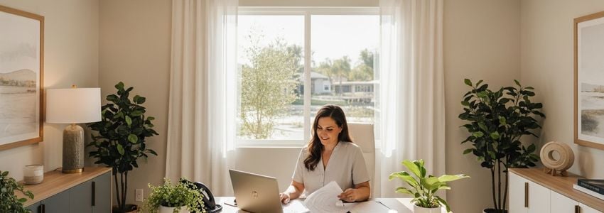 Hospice care business administrator reviewing financing options at a professional office desk