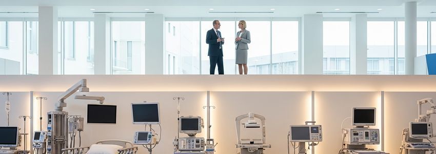 Healthcare facility managers reviewing hospital bed financing options in a modern medical facility