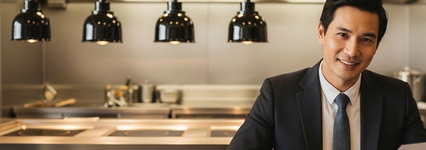 Hot pot restaurant owner reviewing financing documents at a modern commercial kitchen with induction burner dining tables in the background