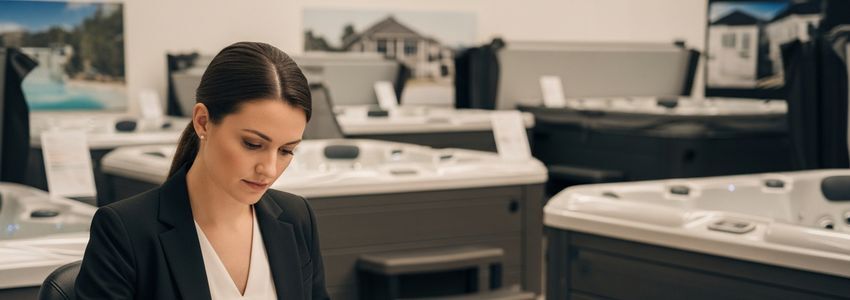 Hot tub business owner reviewing loan documents in showroom office