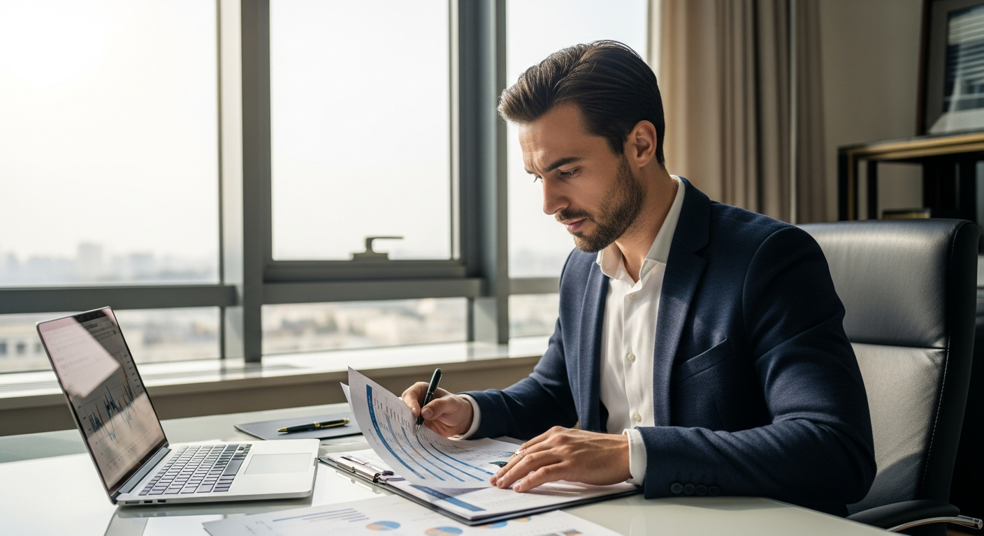 Hotel business owner reviewing financing documents at office desk