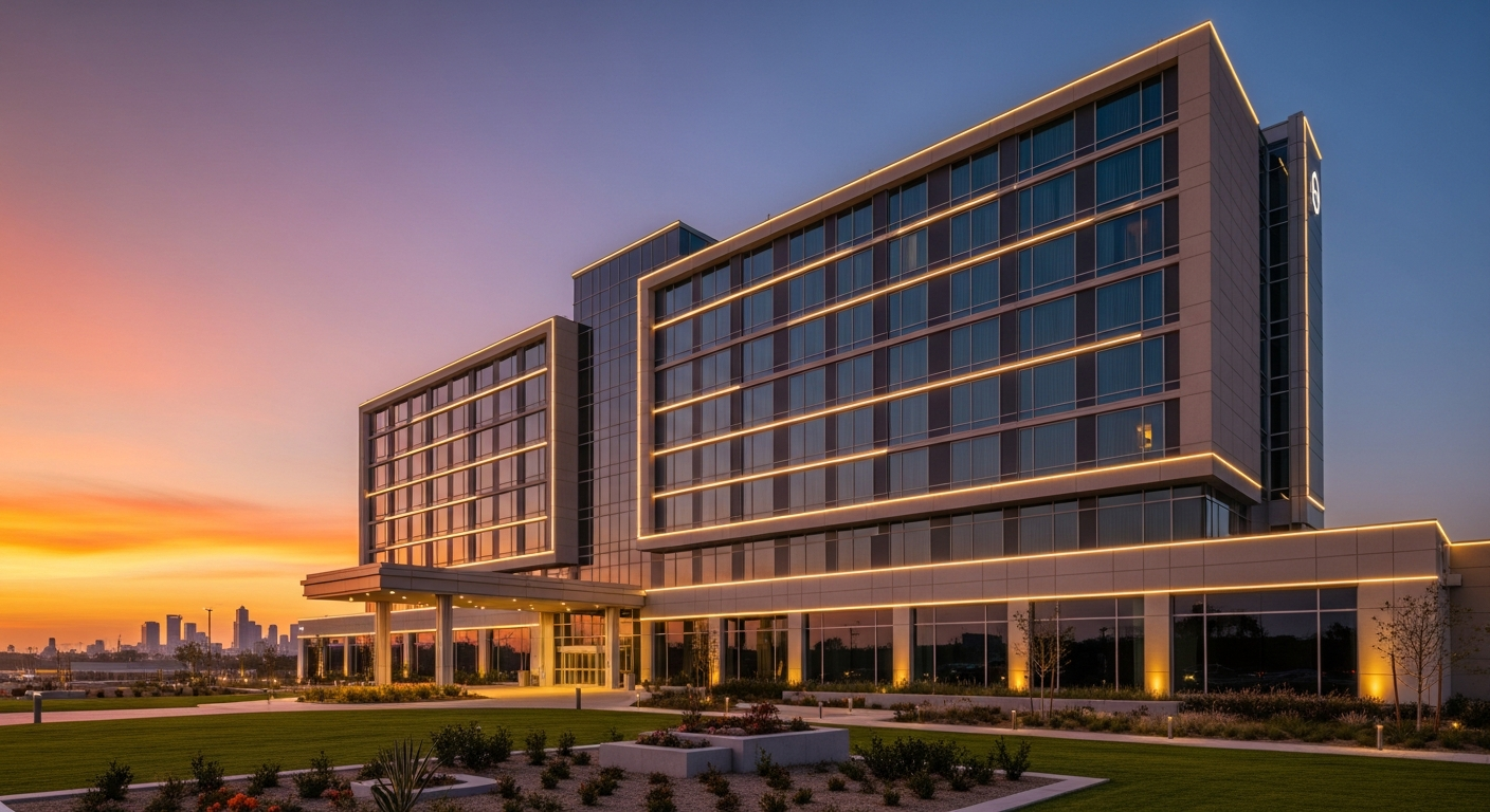 Modern hotel exterior at golden hour showing professional commercial property