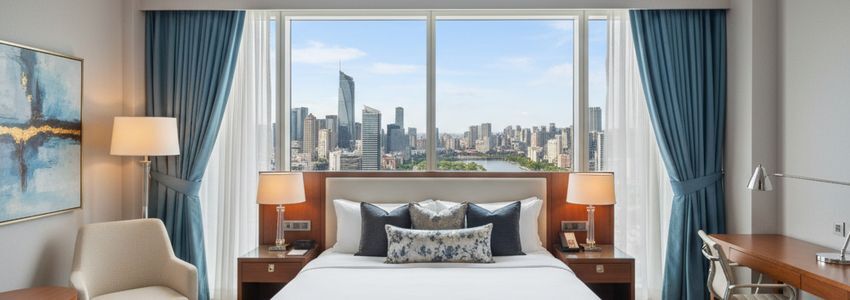 Luxury hotel room with city skyline view representing hotel business financing and hospitality investment