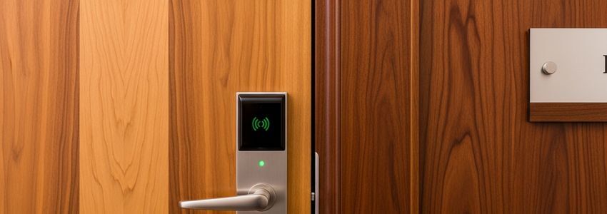 Hotel room door with modern RFID electronic key card lock system