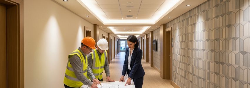 Hotel lobby undergoing renovation with workers and professional contractors discussing plans for hotel business expansion