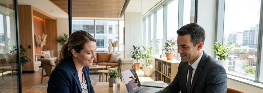 Hotel owner reviewing business financing documents with a lender at a professional office