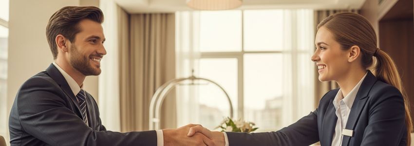 Hotel owner reviewing renovation financing documents with a lender in a modern hotel setting