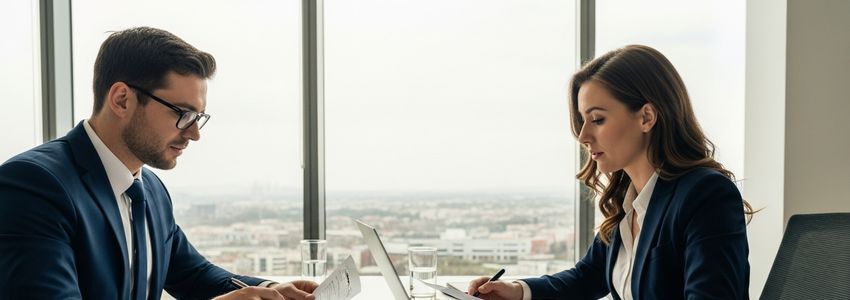 Hotel property owner reviewing hospitality financing documents with a lender in a modern conference room