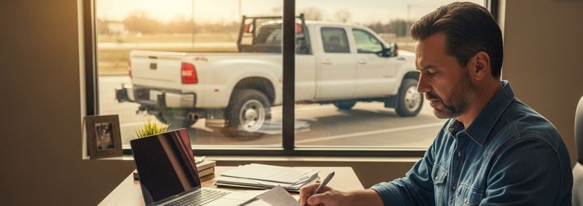Hotshot truck owner-operator reviewing financing paperwork at a desk with truck visible through window