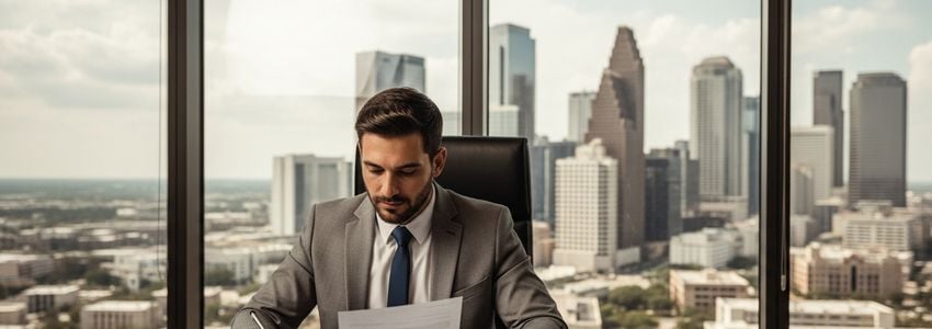 Business owner reviewing small business loan documents in a Houston Texas office
