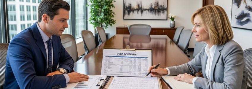 Business owner and lender reviewing debt schedule and DSCR calculation