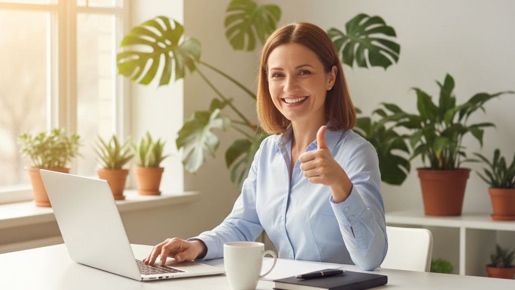 Small business owner smiling at a laptop after receiving business loan approval at a modern office desk