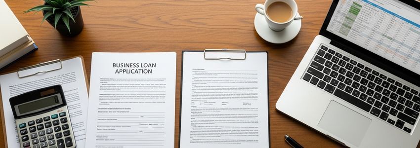 Business owner analyzing loan documents and financial calculations at desk