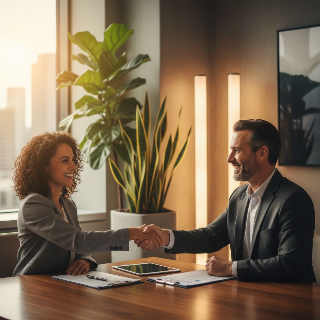 Small business owner and loan officer shaking hands after completing a business loan application