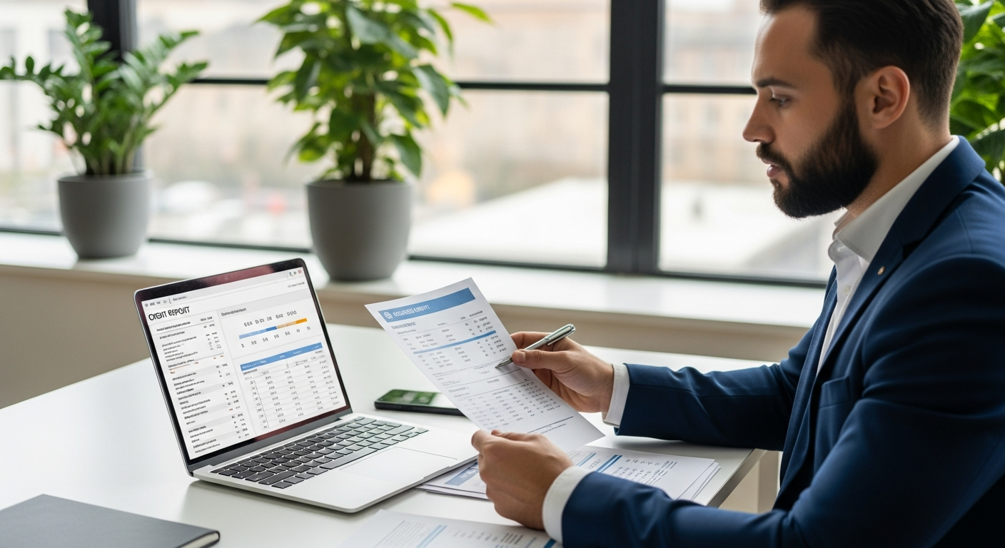 Small business owner reviewing financial documents and business credit report at a modern office desk
