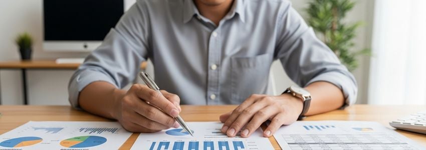 Small business owner reviewing financial documents and business plan to build trust with lenders
