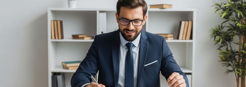 Business owner reviewing loan payment calculations and financial documents at a professional desk
