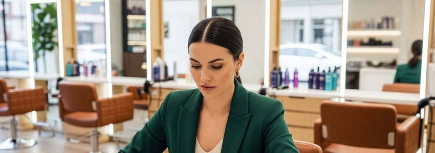 Salon business owner reviewing loan documents inside a professional hair salon