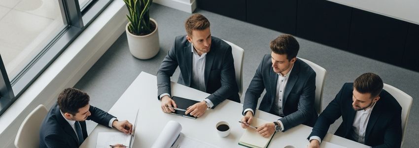 Business team planning expansion with financial projections on conference table