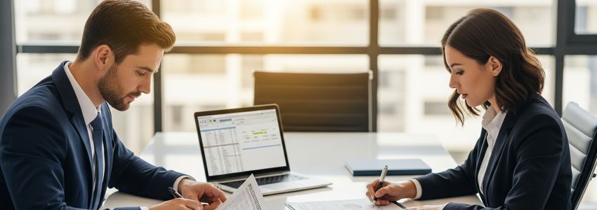 Business professionals reviewing purchase order financing documents at a modern conference table