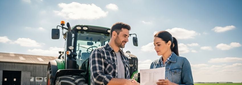 Agricultural professionals reviewing farm financing options next to modern farm equipment