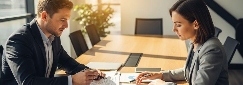 Business executives reviewing equipment financing options at a conference table