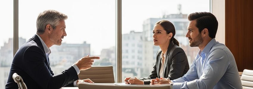Business professionals discussing a $1 million business loan with a financial advisor at a modern boardroom