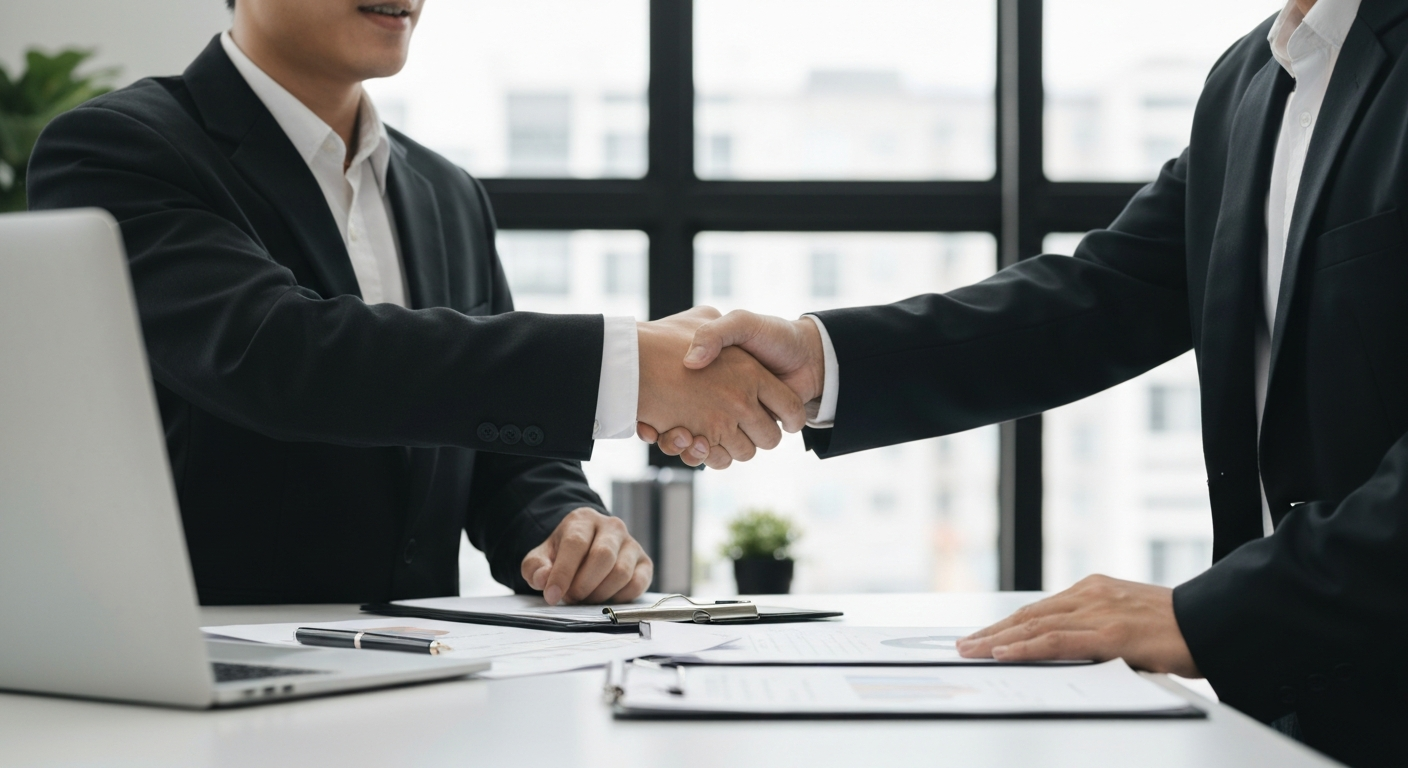 Loan officer and small business owner shaking hands after a successful business loan approval